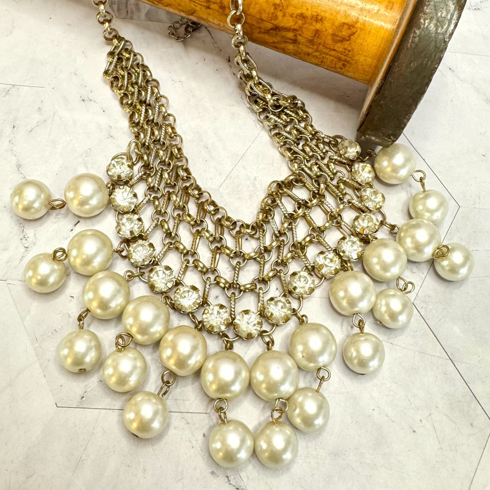 Vintage Faux Pearl Rhinestone Bib Necklace Gold Tone Statement Cleopatra